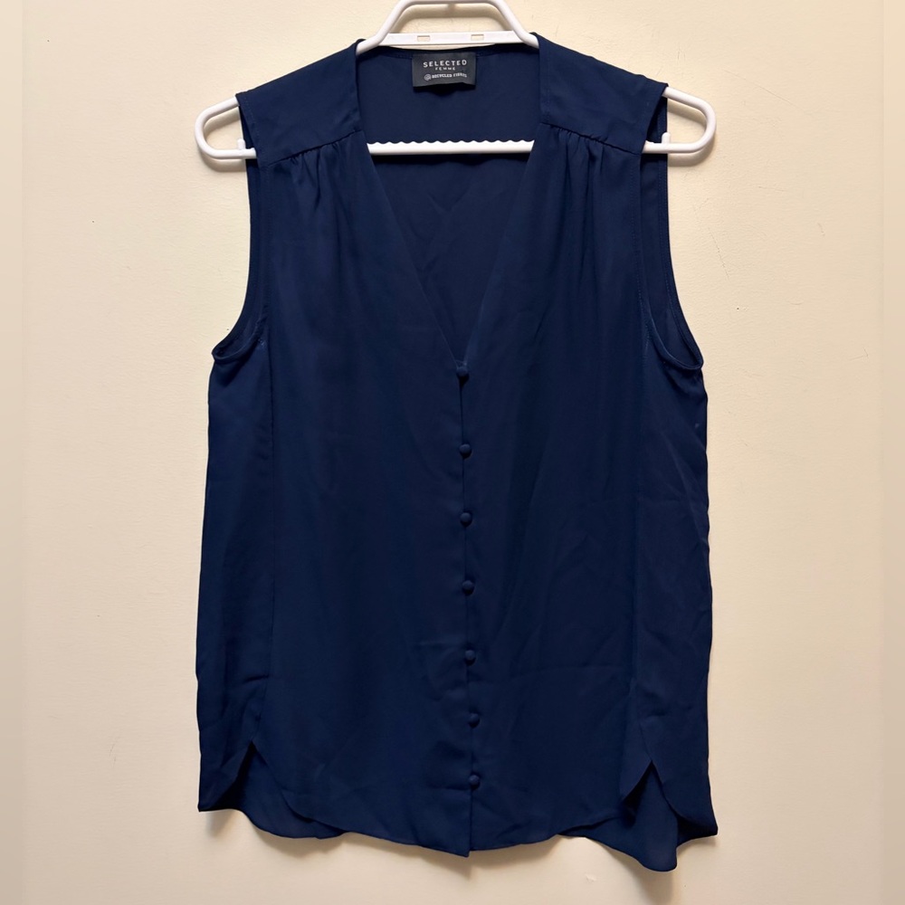 SELECTED FEMME Navy Sleeveless Button-Up Sheer Top